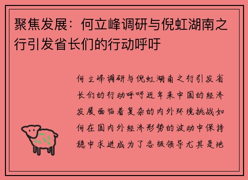 聚焦发展：何立峰调研与倪虹湖南之行引发省长们的行动呼吁